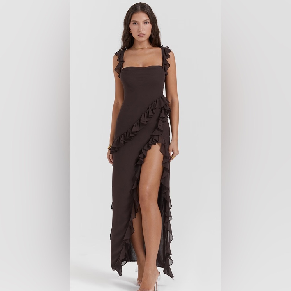 House of CB Ariela Ruffle Maxi Dress in Espresso